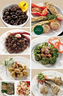 I CONTORNI: OLIVE NERE CONDITE 'GIGANTI, OLIVE VERDI PICCANTI, CARCIOFI